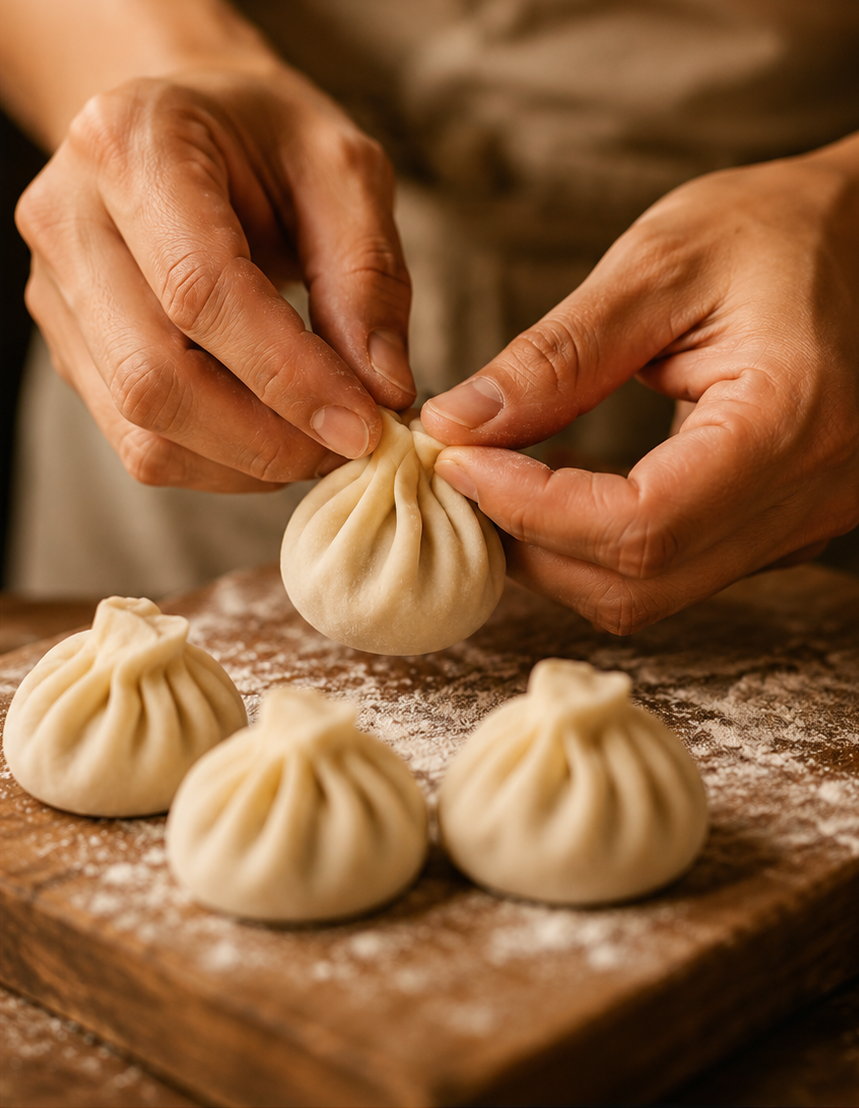 Hands folding dumplings