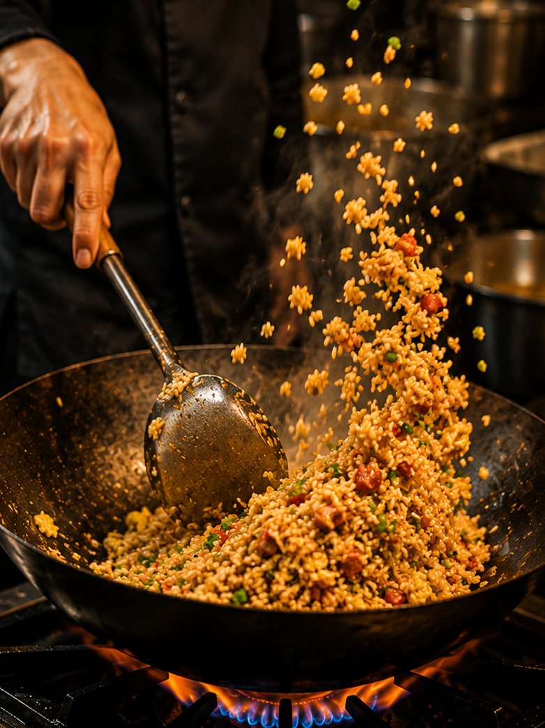 Chef cooking with fire in a wok