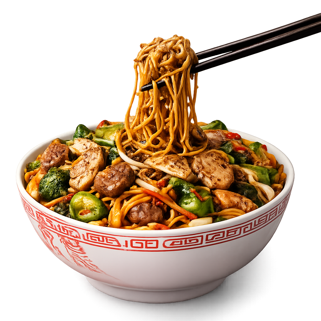 Bowl of Chinese noodles with vegetables and chopsticks
