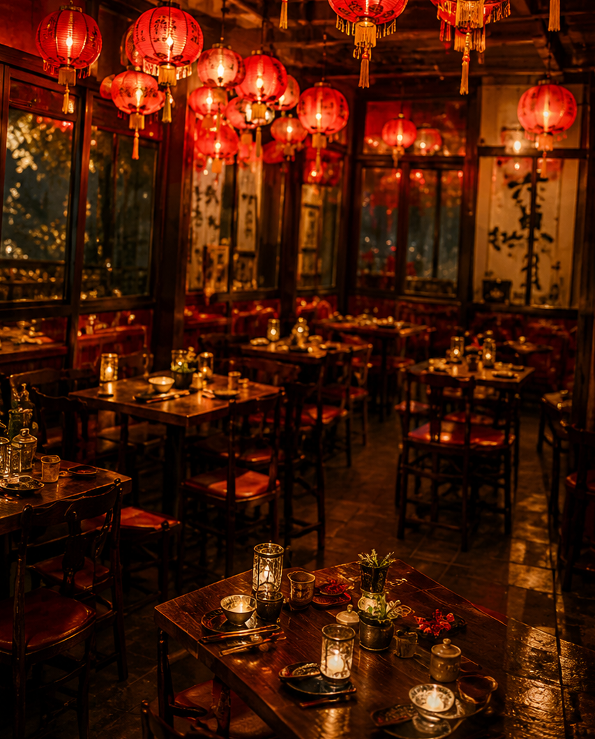 Restaurant interior with red lanterns
